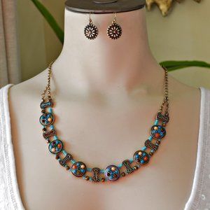 Makarlon Boho Turquoise Multicolor Bead Necklace Earring Set NEW